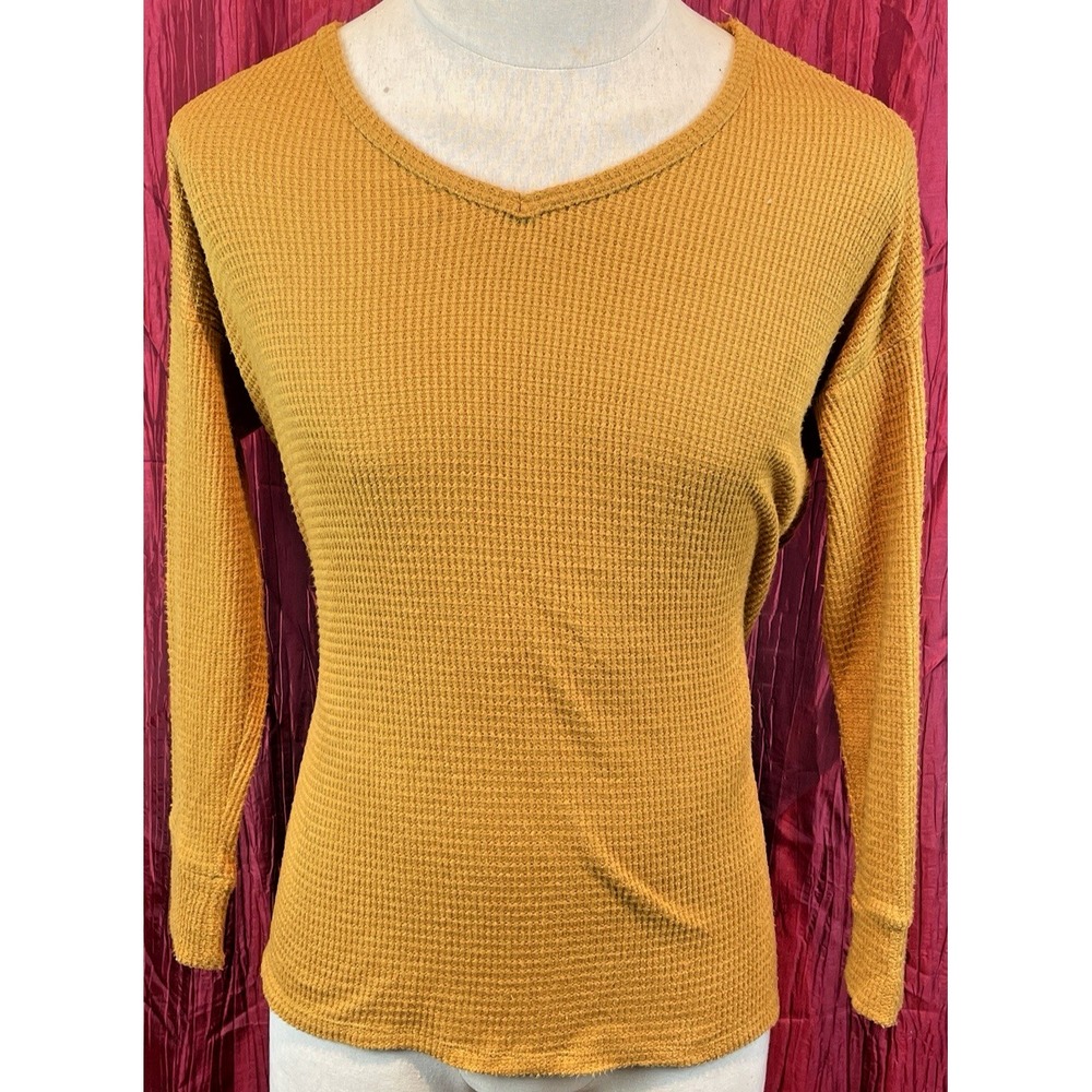 Womens American Eagle Gold V-Neck Cotton/Poly Waffle Knit LS Top Baselayer Sm